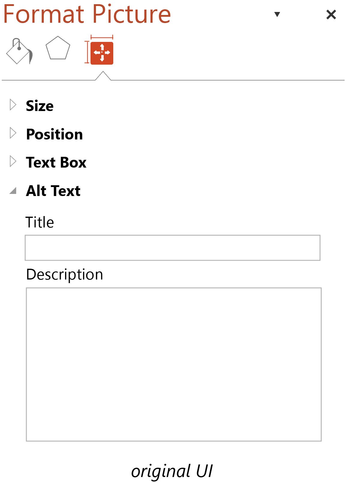 Screenshot of the original alt text UI with a title field and a description field beneath a series of menus.