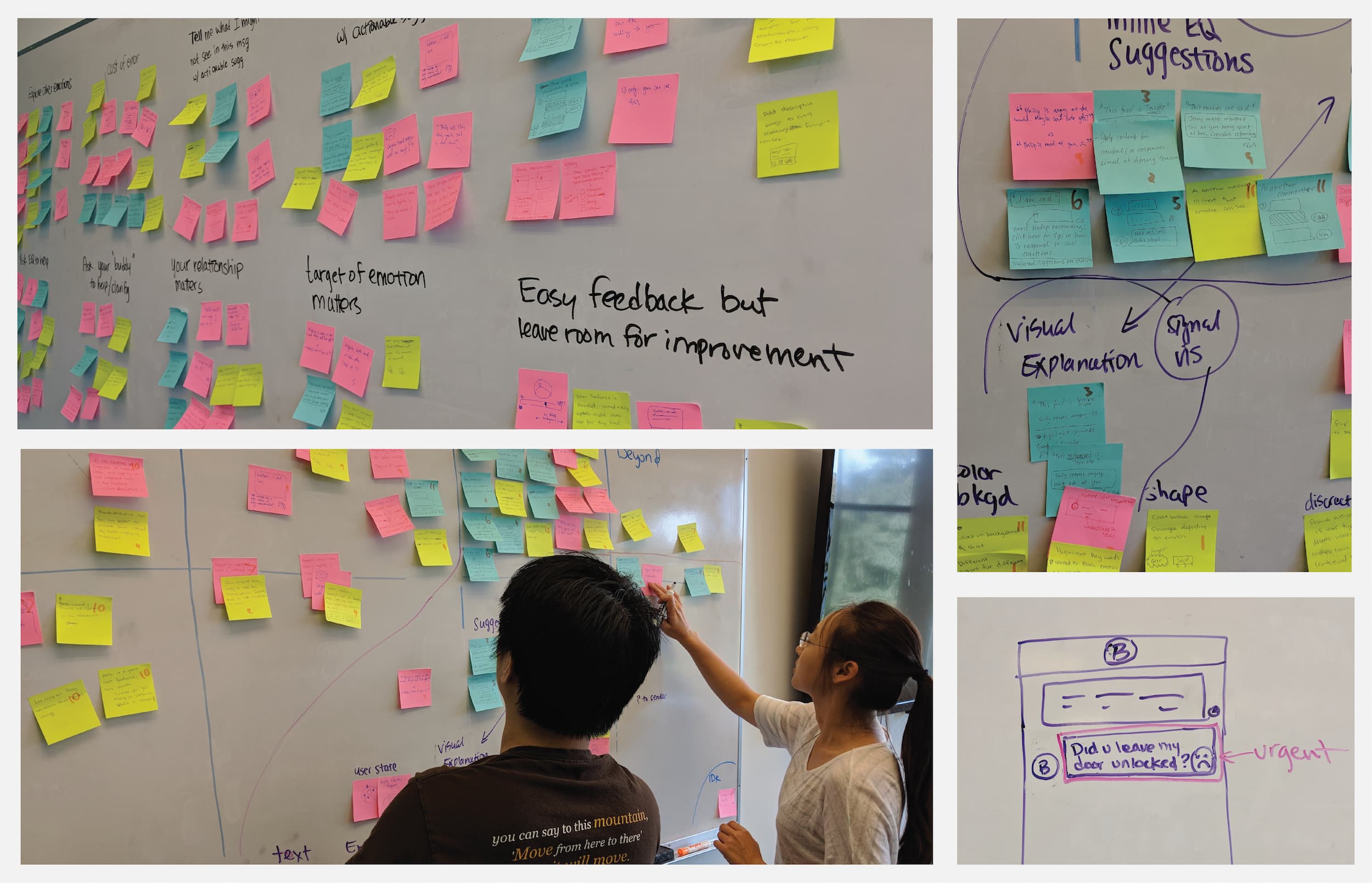 A grid of photographs showing a whiteboard filled with colored postit notes, sketches, and two people looking at the whiteboard.