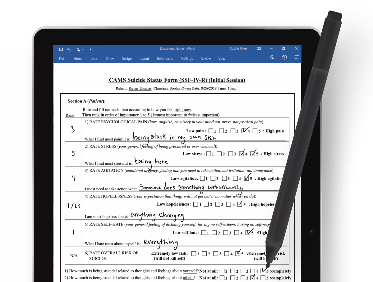 A tablet with a psychiatric form filled out by a digital pen