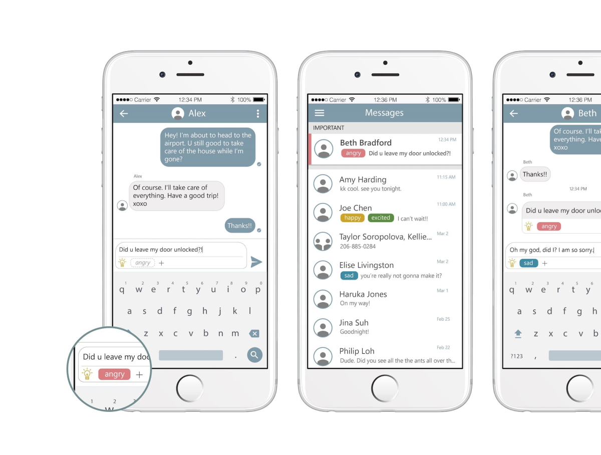 Phone mockups showing a text conversation where emotions like angry and happy are shown alongside the messages.