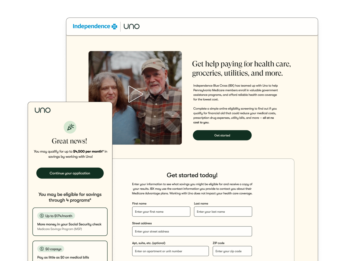 Mockups showing eligibility results for state and federal programs and a sign up flow.